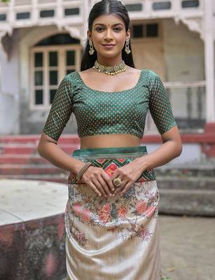 Floral Printed Zari Tussar Saree With Tassels 4