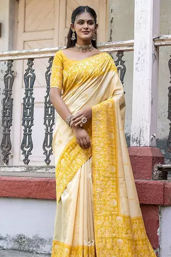 Woven Design Warli Printed Bhagalpuri Saree With Tassles