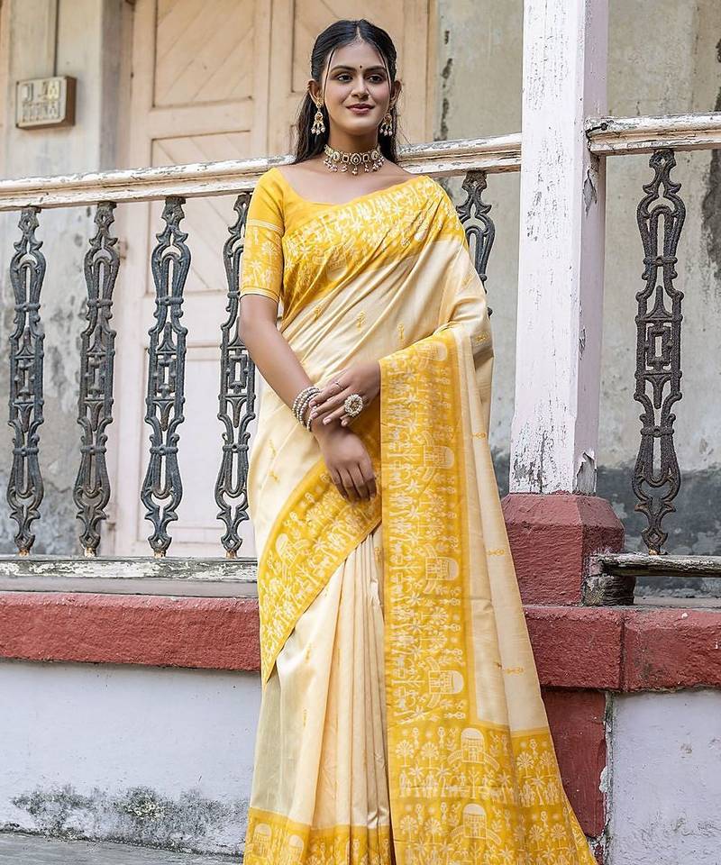 Woven Design Warli Printed Bhagalpuri Saree With Tassles