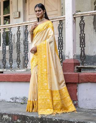 Woven Design Warli Printed Bhagalpuri Saree With Tassles 2