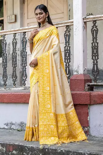 Woven Design Warli Printed Bhagalpuri Saree With Tassles