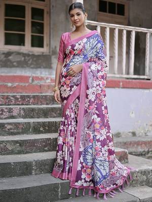 Floral Printed Zari Jamdani Saree With Tassels 1