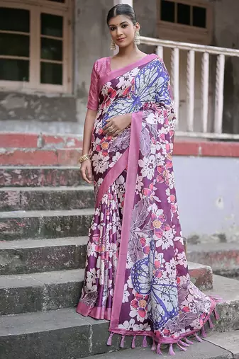 Floral Printed Zari Jamdani Saree With Tassels