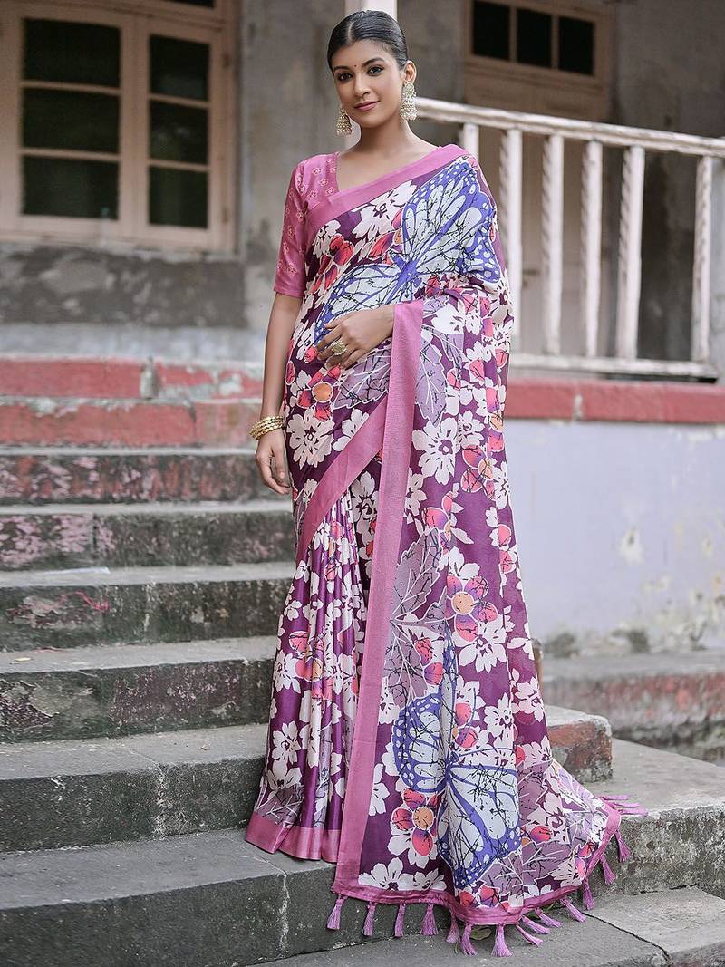 Floral Printed Zari Jamdani Saree With Tassels