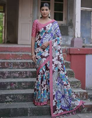 Floral Printed Zari Jamdani Saree With Tassels 1