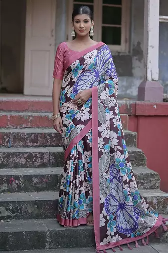 Floral Printed Zari Jamdani Saree With Tassels