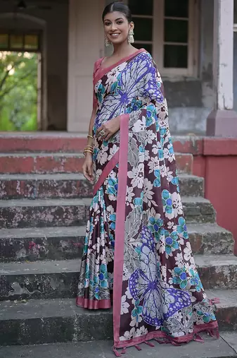 Floral Printed Zari Jamdani Saree With Tassels