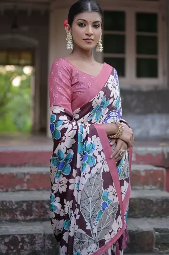 Floral Printed Zari Jamdani Saree With Tassels