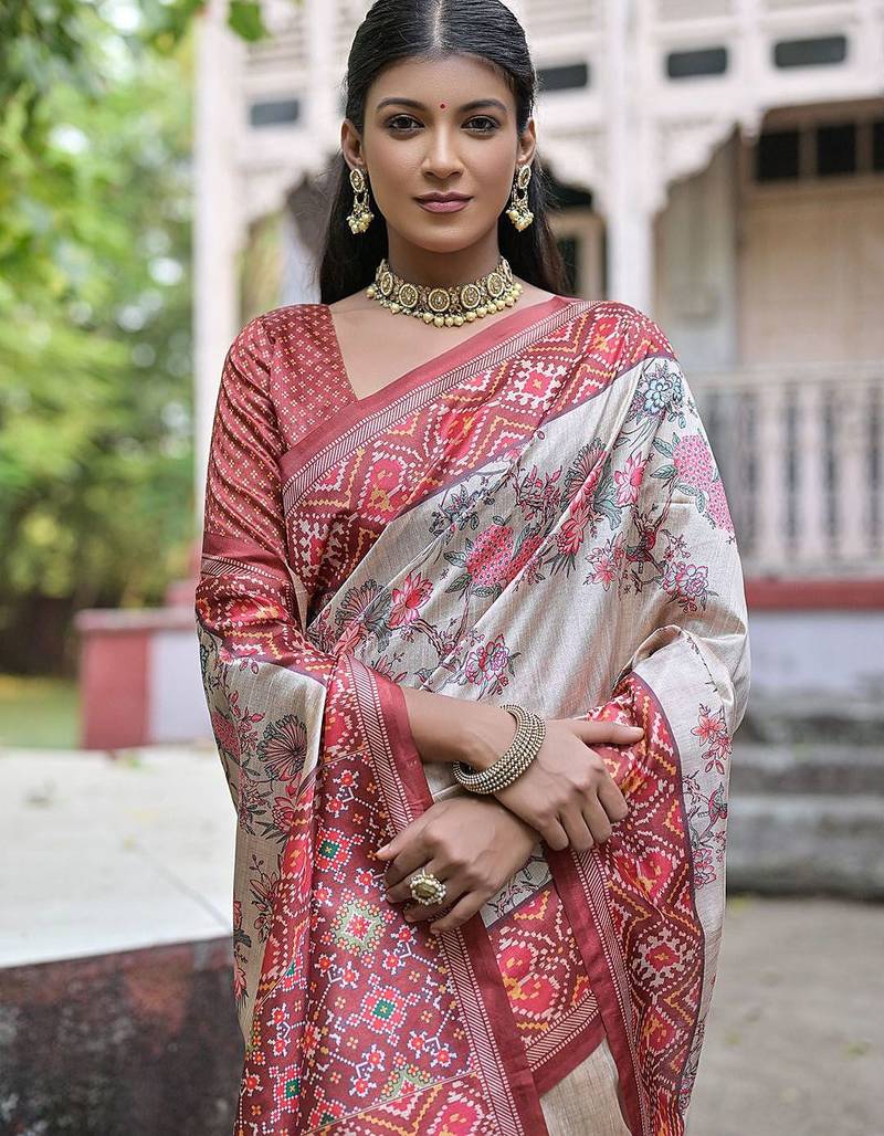 Floral Printed Tussar Saree