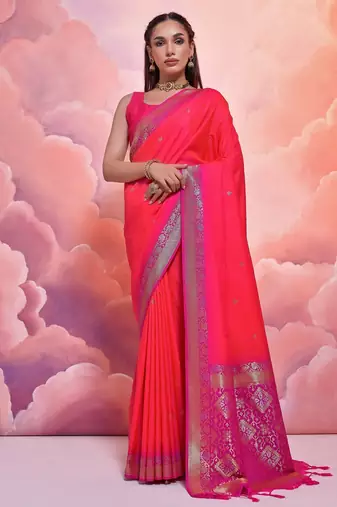 Woven Design Ethnic Motifs Zari Banarasi Saree With Tassels
