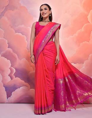 Woven Design Ethnic Motifs Zari Banarasi Saree With Tassels 2