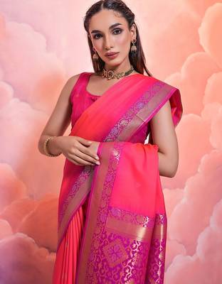 Woven Design Ethnic Motifs Zari Banarasi Saree With Tassels 3