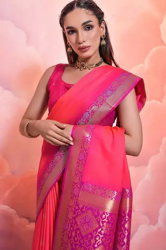 Woven Design Ethnic Motifs Zari Banarasi Saree With Tassels