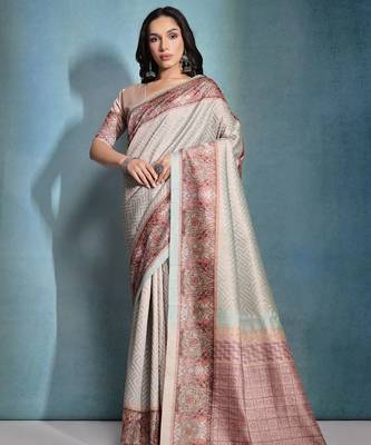 Zigzag Printed Zari Tissue Tussar Saree With Tassels 1
