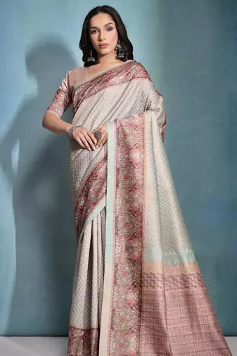 Zigzag Printed Zari Tissue Tussar Saree With Tassels