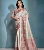 Zigzag Printed Zari Tissue Tussar Saree With Tassels