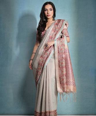 Zigzag Printed Zari Tissue Tussar Saree With Tassels 2