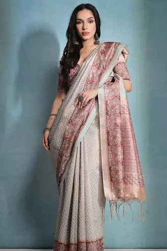 Zigzag Printed Zari Tissue Tussar Saree With Tassels