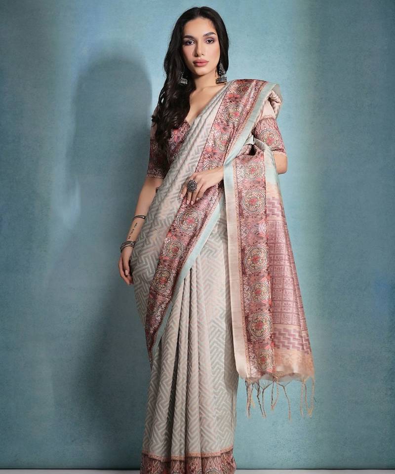 Zigzag Printed Zari Tissue Tussar Saree With Tassels