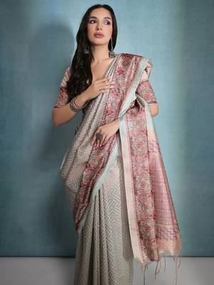 Zigzag Printed Zari Tissue Tussar Saree With Tassels 3