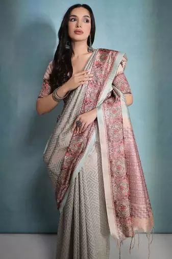 Zigzag Printed Zari Tissue Tussar Saree With Tassels