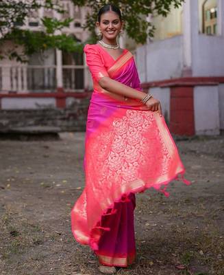 Woven Design Ethnic Motifs Zari Banarasi Saree With Tassels 1