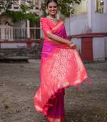 Woven Design Ethnic Motifs Zari Banarasi Saree With Tassels