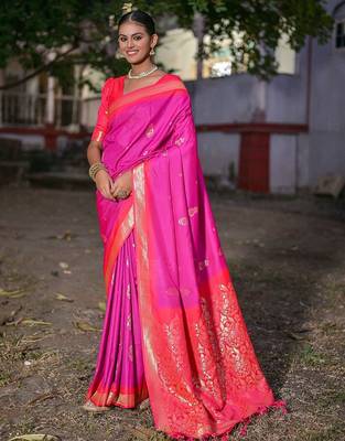 Woven Design Ethnic Motifs Zari Banarasi Saree With Tassels 2