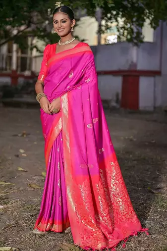 Woven Design Ethnic Motifs Zari Banarasi Saree With Tassels