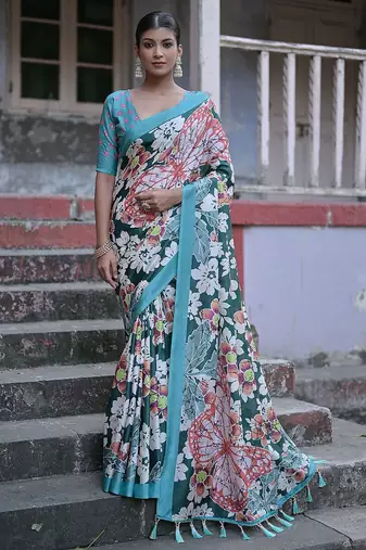 Floral Printed Silk Cotton Jamdani Saree