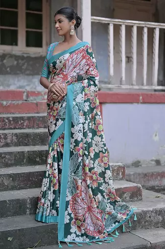 Floral Printed Silk Cotton Jamdani Saree