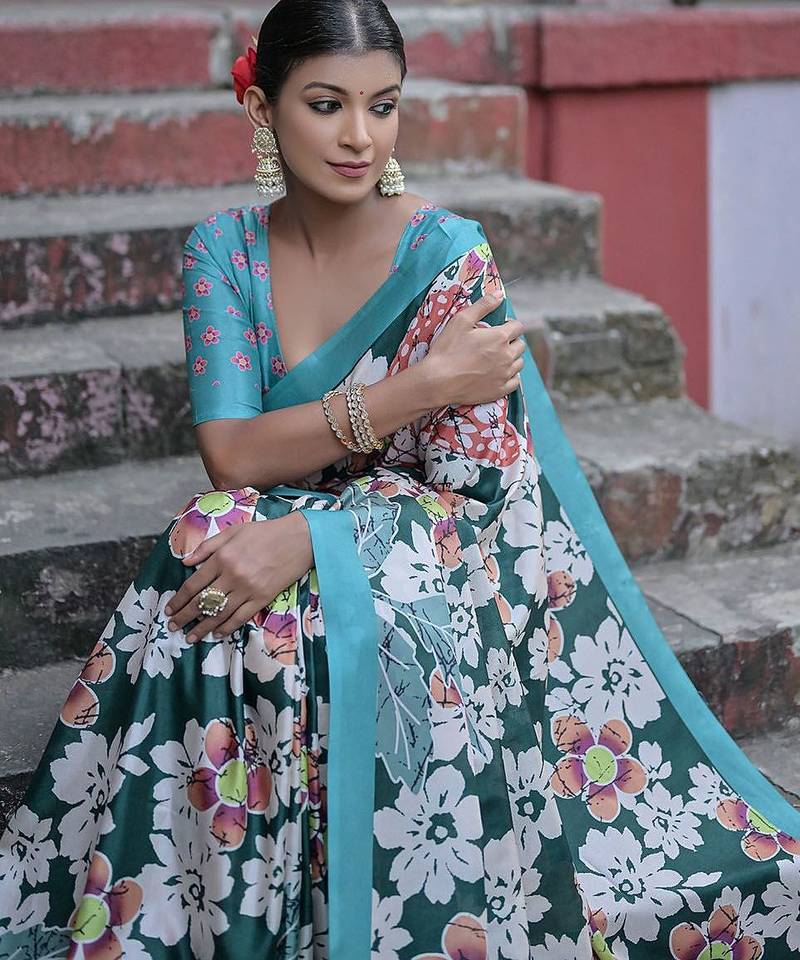Floral Printed Silk Cotton Jamdani Saree