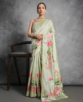 Floral Printed Zari Tussar Saree With Tassels 1