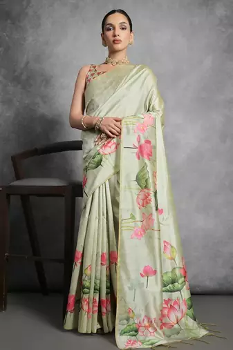 Floral Printed Zari Tussar Saree With Tassels