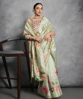 Floral Printed Zari Tussar Saree With Tassels 2
