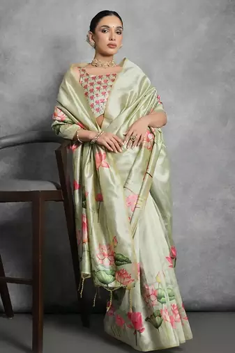 Floral Printed Zari Tussar Saree With Tassels