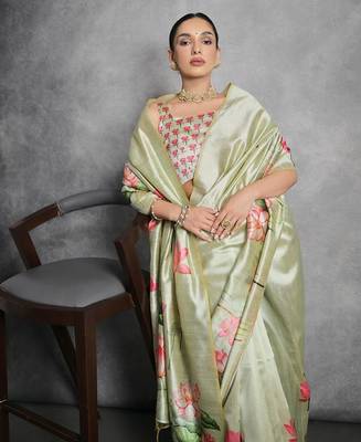 Floral Printed Zari Tussar Saree With Tassels 3