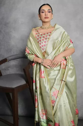 Floral Printed Zari Tussar Saree With Tassels