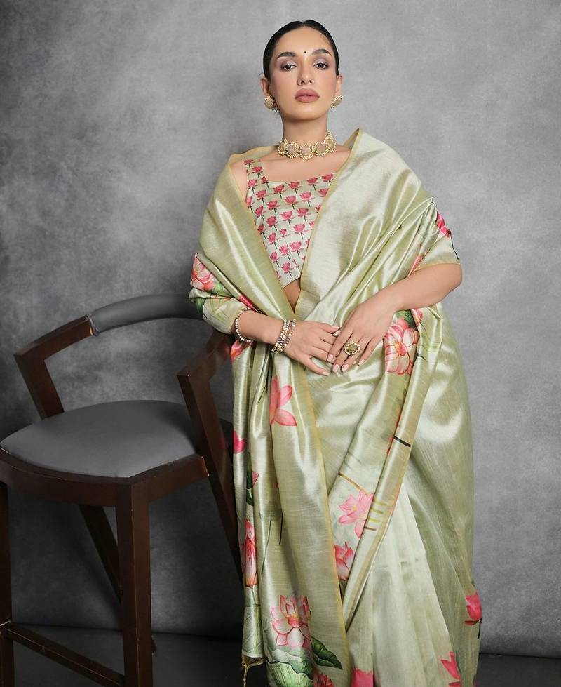 Floral Printed Zari Tussar Saree With Tassels
