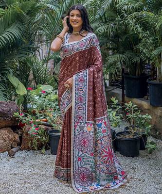 Woven Design Ethnic Motifs Printed Tussar Saree With Tassels 1