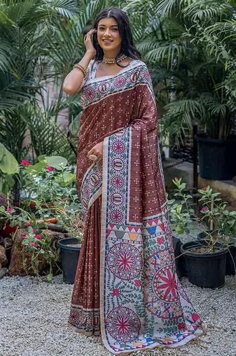 Woven Design Ethnic Motifs Printed Tussar Saree With Tassels
