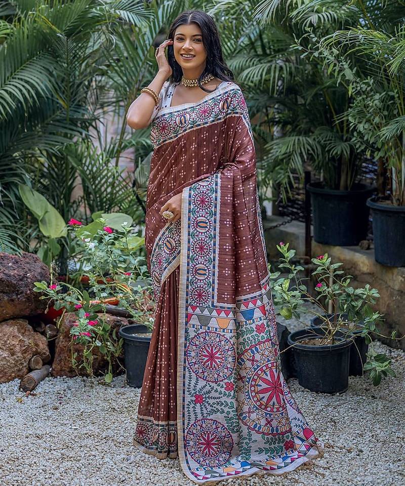 Woven Design Ethnic Motifs Printed Tussar Saree With Tassels