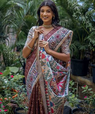 Woven Design Ethnic Motifs Printed Tussar Saree With Tassels 2