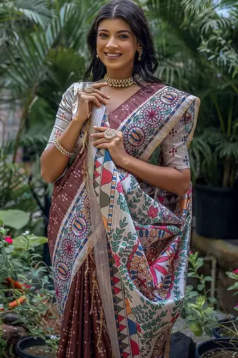 Woven Design Ethnic Motifs Printed Tussar Saree With Tassels