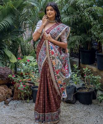 Woven Design Ethnic Motifs Printed Tussar Saree With Tassels 3