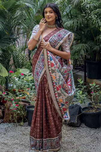 Woven Design Ethnic Motifs Printed Tussar Saree With Tassels