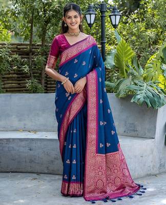 Woven Design Ethnic Motifs Zari Banarasi Saree With Tassels 1