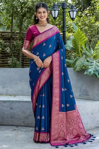 Woven Design Ethnic Motifs Zari Banarasi Saree With Tassels