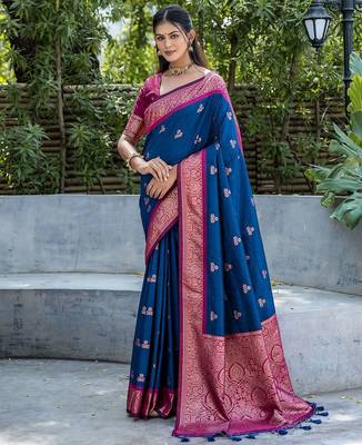 Woven Design Ethnic Motifs Zari Banarasi Saree With Tassels 2