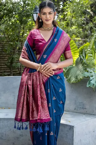 Woven Design Ethnic Motifs Zari Banarasi Saree With Tassels
